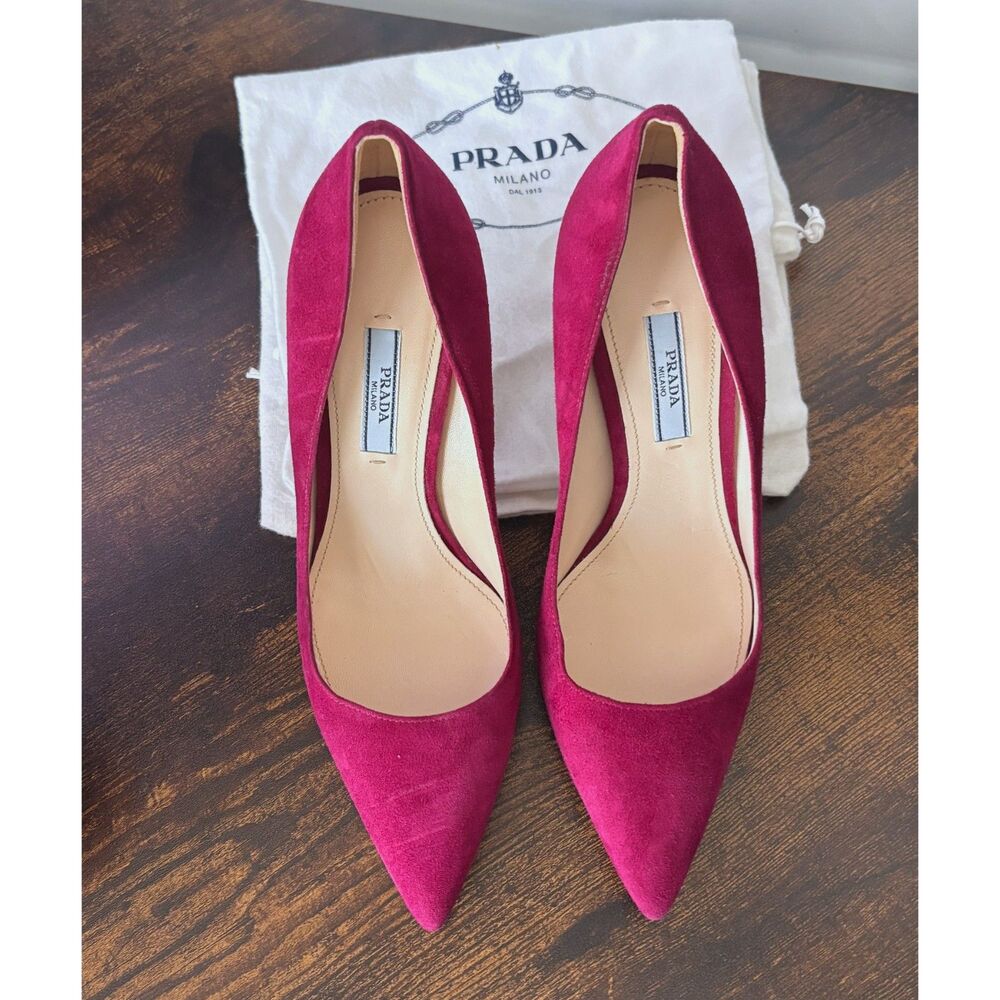 PRADA Burgundy Suede Pointed Toe Pumps Size 37.5 + Shoe Bag